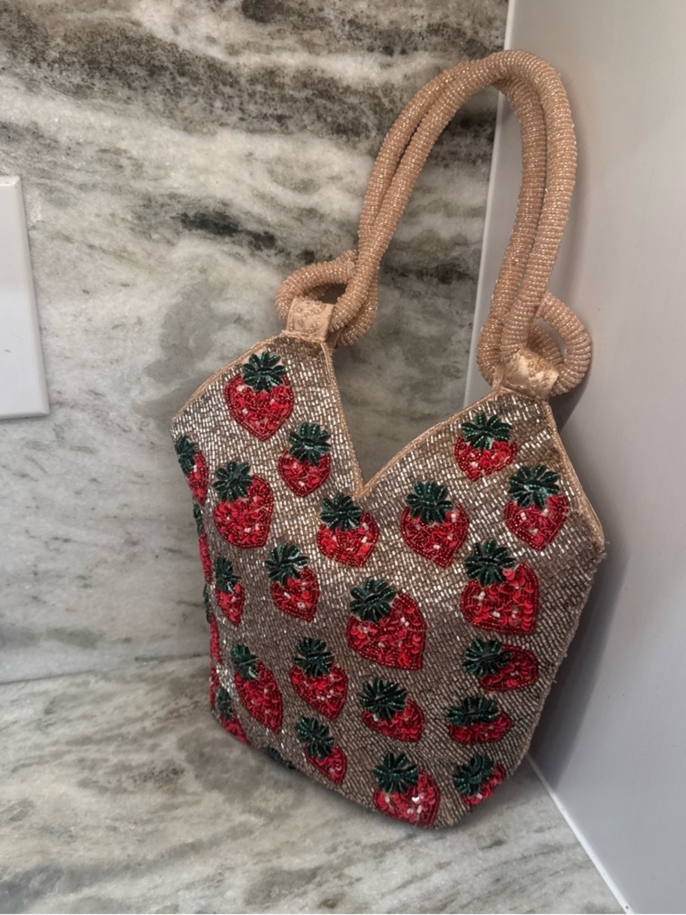 Beaded Strawberry Tote Bag in Gold and Red
